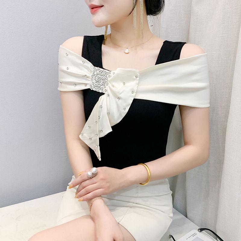 

Летняя женская футболка с вырезом на плече, шикарными рюшами и горячими бриллиантами, топ с коротким рукавом, сексуальная облегающая футболка для девушки M бежевый