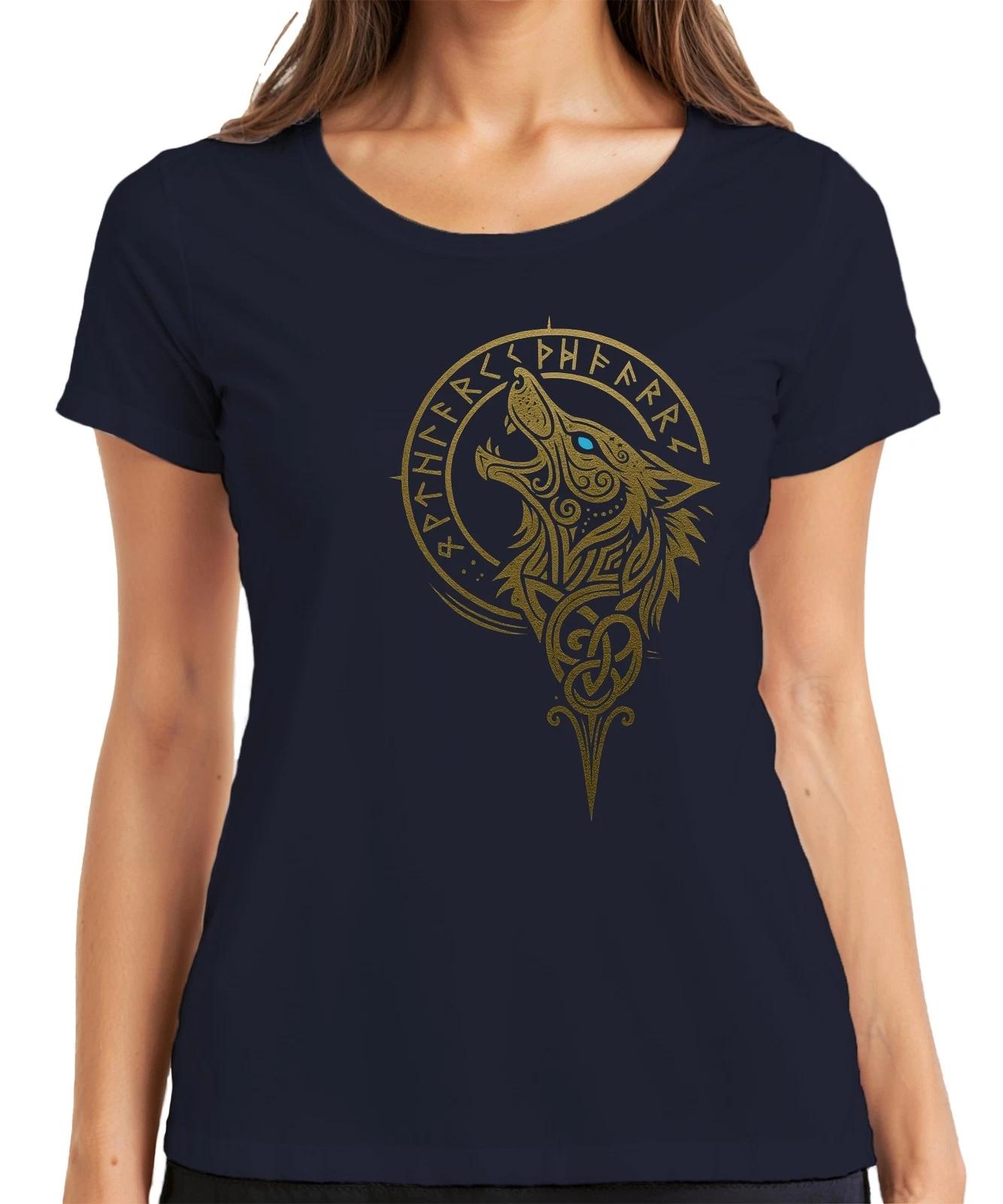 Wikinger Wolf Nordischer Fenrir Runen Wolfskopf Keltisch Gold Damen T-Shirt S