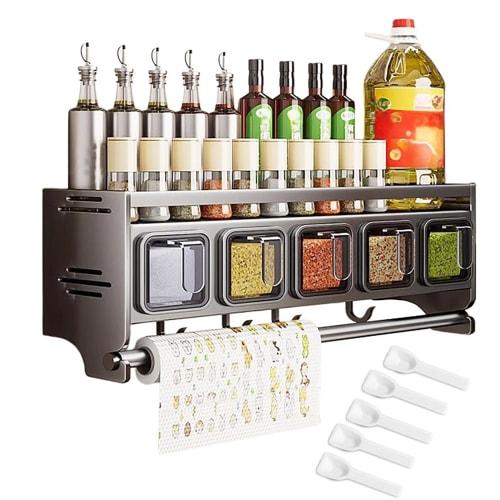 This wall-mounted spice rack is a waterproof and rust-resistant kitchen storage rack made of stainless steel and aluminum. It holds spice bottles, tea