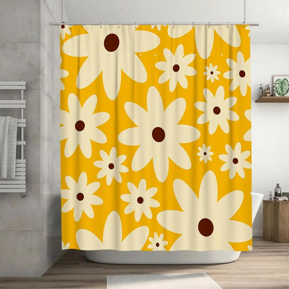 Modern Floral Shower Curtain Set Yellow White Water Repellent Fabric for Home Bath Decorations