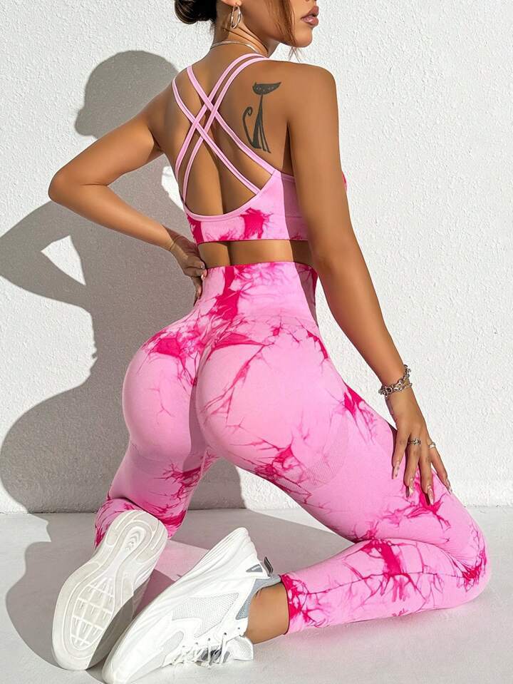 JYL Tie Dye Seamless Yoga Set Hip Lifting Pants Fitness M aero синий