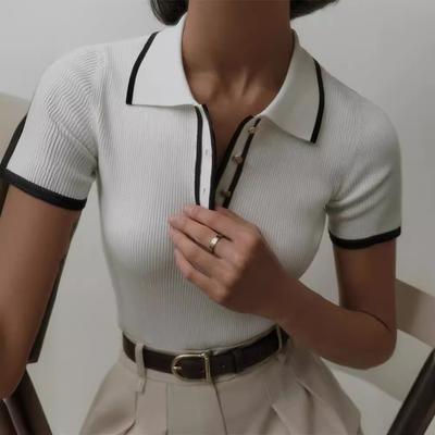 Maglie a coste sottili in maglia per le donne, alla moda, con scollo a polo, eleganti, a maniche corte, da donna, 2024, estive, casual, da strada, da ufficio, in maglia