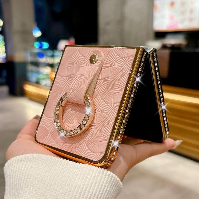 Luksuriøst ensfarget lær galvanisert 2 stk telefondeksel til Samsung Galaxy Z Flip6 Flip5 Flip4 Flip3 Diamantramme Støtsikker Metallring Sammenleggbart deksel