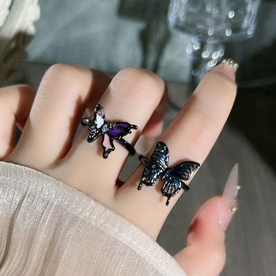 Dark Wind Colorful Butterfly Fashion Ink Butterfly Eclipse Unique Opening Ring Gender Free Wind Stacking Wearing Niche Ring Tide