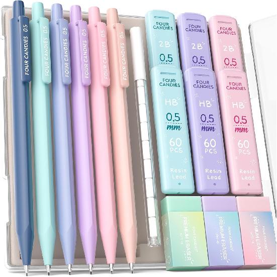 Four Candies Mechanical Pencils 0.7mm, with HB & 2B Lead Refills 0.7, Pastel Eraser Set & Eraser Refills, 16-Count Pack with Case, Cute Aesthetic 6PCS 0.5 mm