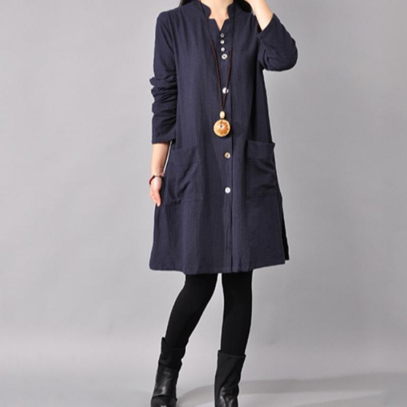 2025 Spring Korean Plus Size Women's Cotton Linen Shirt Dress with Half-Open Collar and Long Sleeves