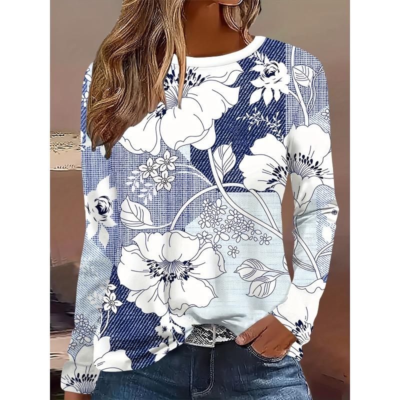 3D Flower Butterfly Pattern Printed Casual Long Sleeved Women's T-shirts - Soft Medium Stretch Polyester Fabric Spring and Autumn Relaxed Fit Clothing