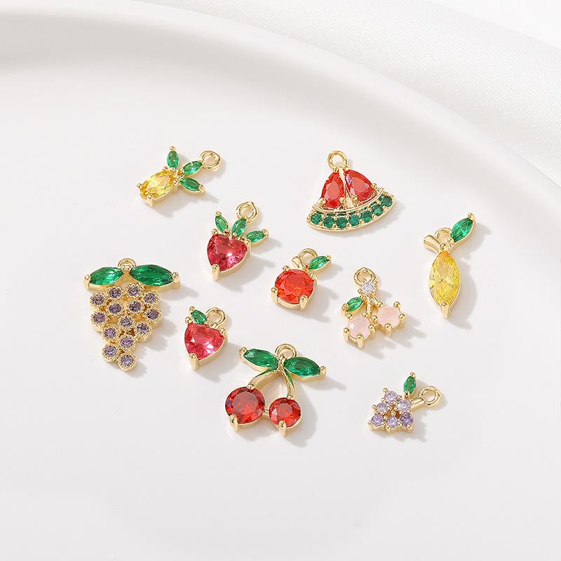 Color-Preserving 14K Gold Plated Zircon Fruit Series Charm Pendant for DIY Bracelets: Strawberry, Pineapple, Grape