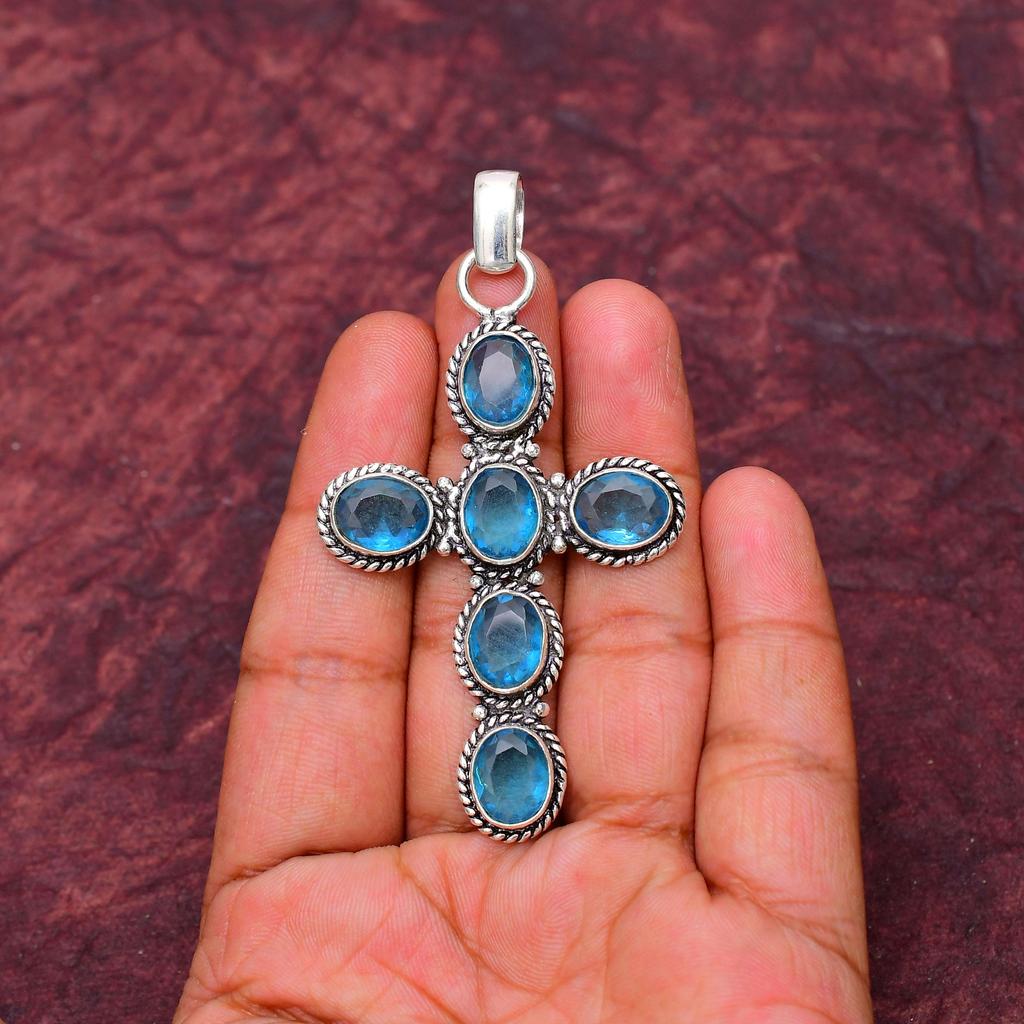 Blue Topaz Gemstone Cross Shape Pendant : 925 Sterling Silver Handmade Jewelry Pendant