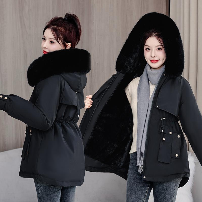 Pie Overcomes Women's Winter New Waist Skinny Hooded Big Fur Collar Plush Padded Jacket Short Jacket Padded Jacket