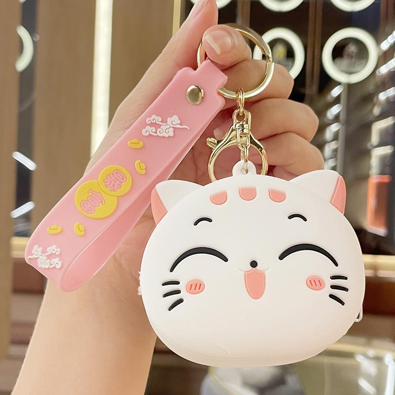 Cute Cartoon Cat Silicone Coin Purse with Keyring Kids Coin Bag Portable Data Cable Earphone Organizer Coin Key Pouch