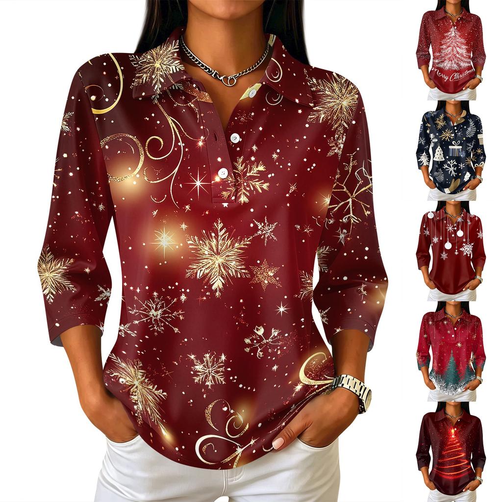 Women's Casual Christmas Print Button-Up Three-Quarter Sleeve Lapel Top