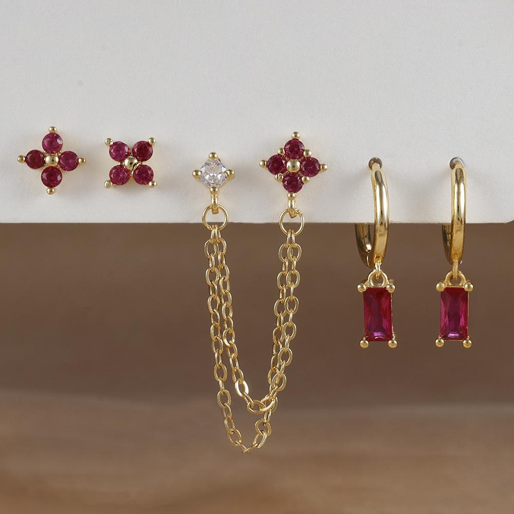 2PCS Stainless Steel December Birthday Stone Square Hanging Earrings Cubic Zirconia Chain Flower Dangle Earring Piercing Jewelry