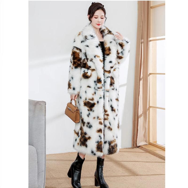 Women's leopard print imitation fur jacket fox hair long coat loose fashion printed fluff belt trench coat