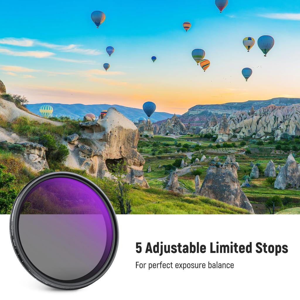 NEEWER 82mm Variable ND Filter with Lens Adjustable Neutral Optical Camera Photography Accessory ND2-32 (1-5 stops) Cap/Cleaning Cloth, Density,