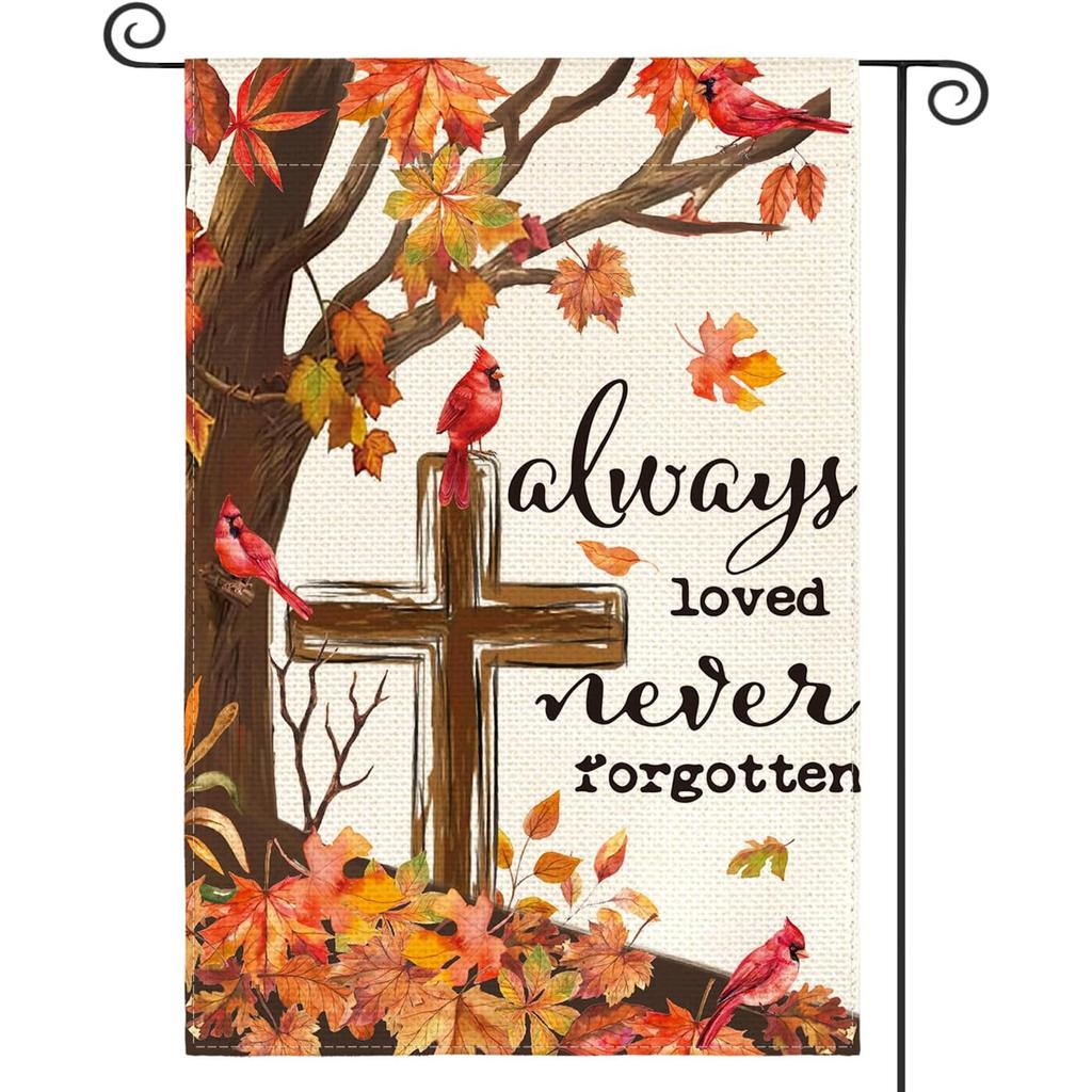 Fall Thanksgiving Cardinal Memorial Garden Flag Double Sided, Always Loved Never Forgotten Gravesite Saying Yard Outdoor Decorative Flag