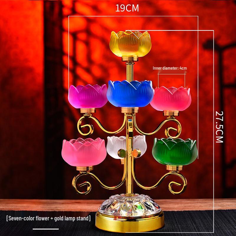 Buddhist Ghee Lamp Holder - Seven Stars Oil Lamp with Lotus Design for Temple Offerings and Everlasting Candle Display.