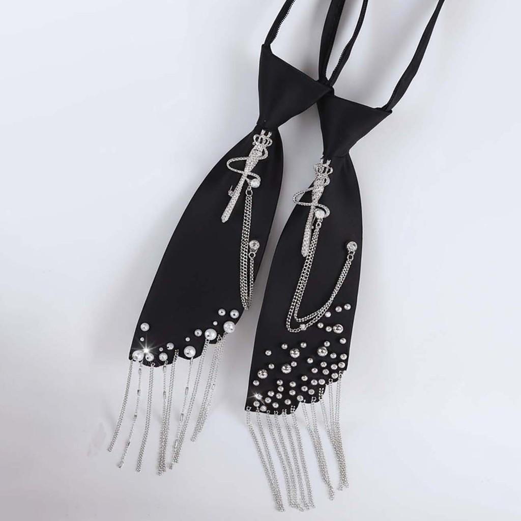 Geometric Black Satin Tie With Crown Chain Pearl Tassels For Business And Party Wear