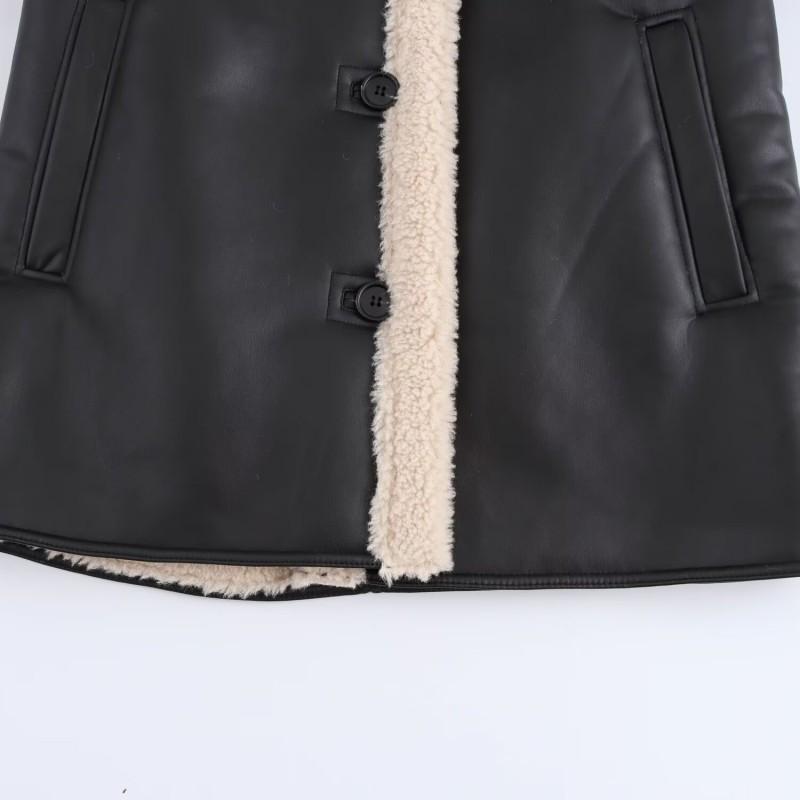 Womens Stylish Faux Leather Double-Sided Jacket Loose Fit Mid-Length Coat Black Winter 2025