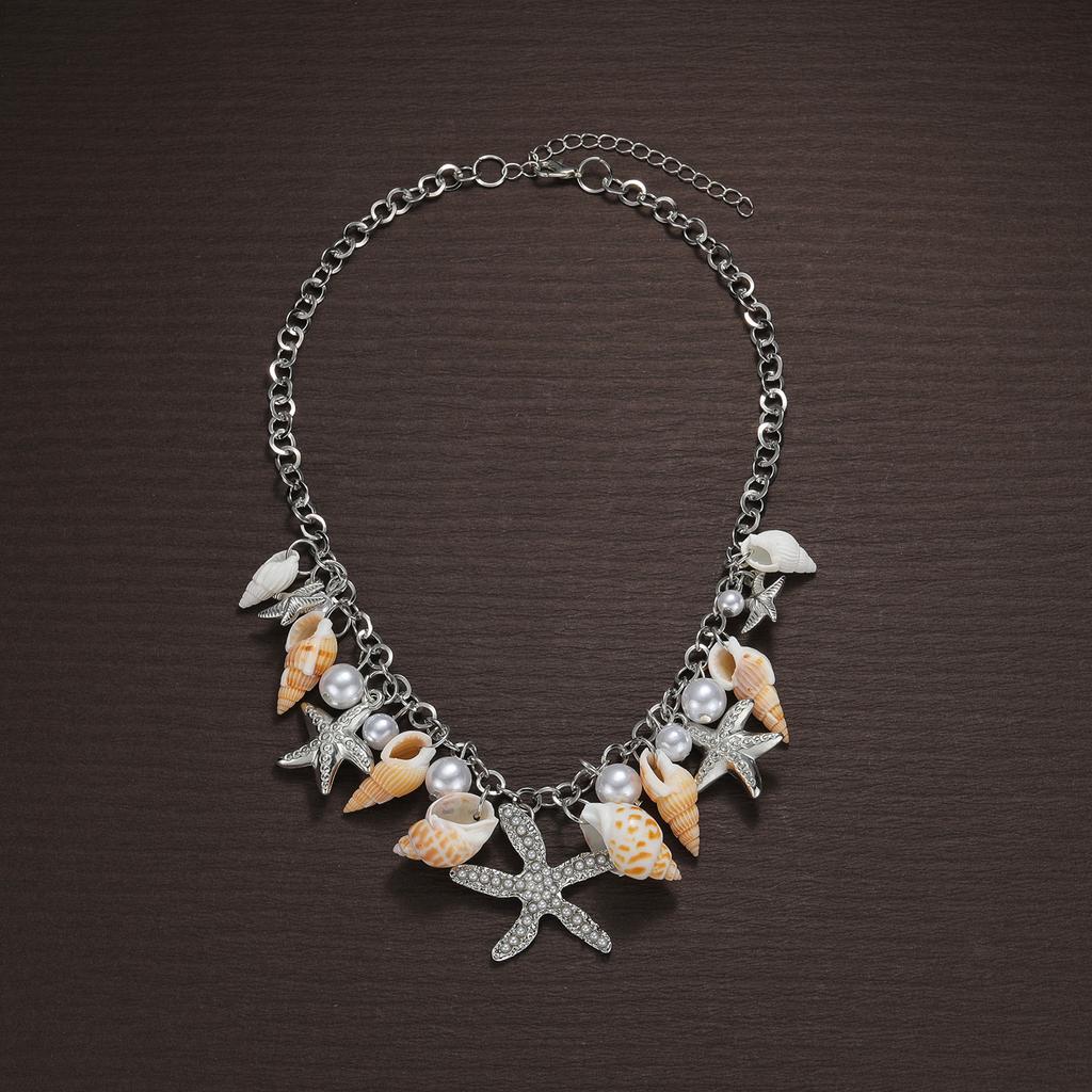 Bohemian Style Conch Shell Starfish Pearl Pendant Tassel Short Women's Necklace Suitable for Vacation