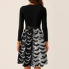 Women Vintage Long Sleeve Square Neck Bat Print Evening Party Dress Halloween Costume Retro Style Waist Flared Skirt