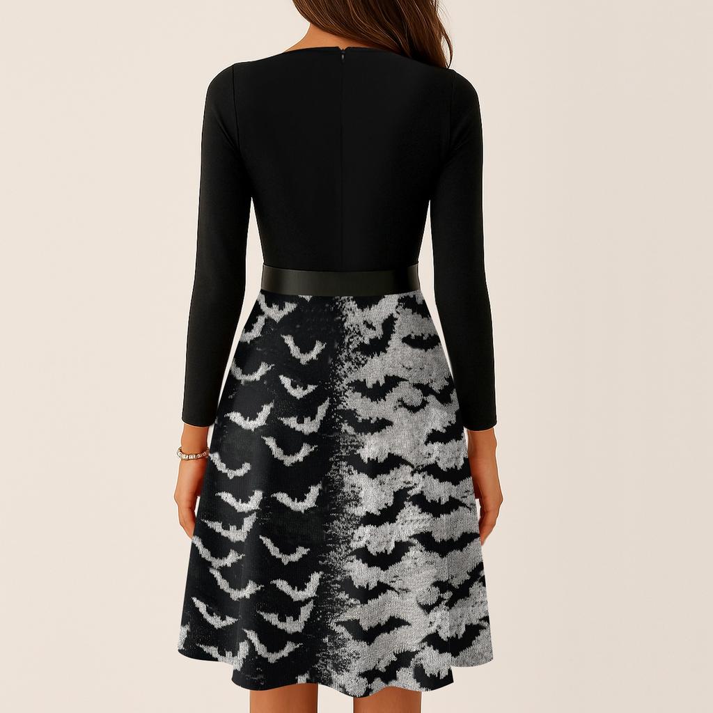 Women Vintage Long Sleeve Square Neck Bat Print Evening Party Dress Halloween Costume Retro Style Waist Flared Skirt