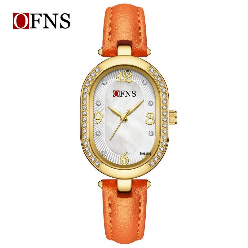 Oufanni Women's Vintage-Style Diamond-Inlaid Oval Mother-of-Pearl Watch - Waterproof Quartz with Light Luxury Appeal