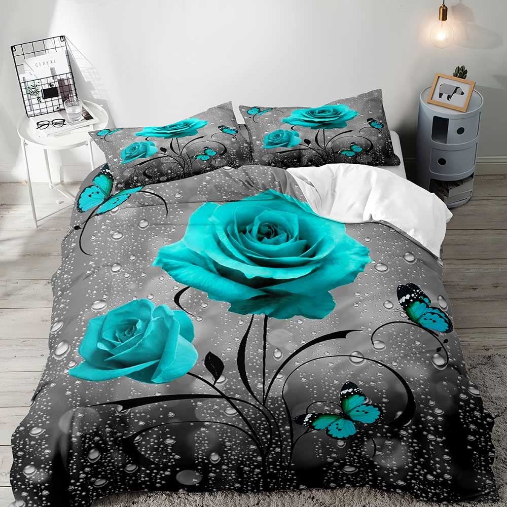Comforter Exotic Romantic Flower Single Printed Bedding Set Queen Size Ultra Soft Zipper 3 Piece Set 2 S