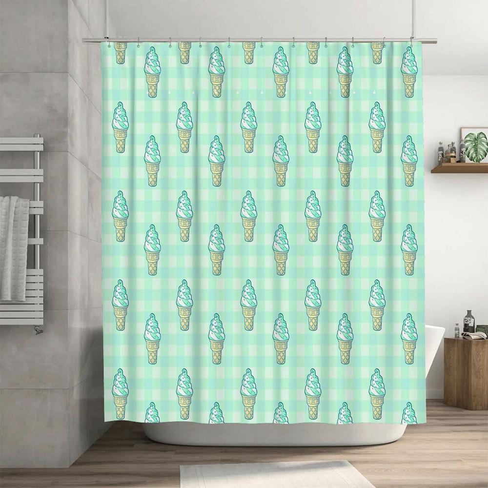 Cute Ice Cream Shower Curtain Set Waterproof Bathroom Decor Cartoon Vanilla Cone Pattern Fabric Backdrop Washable Liner