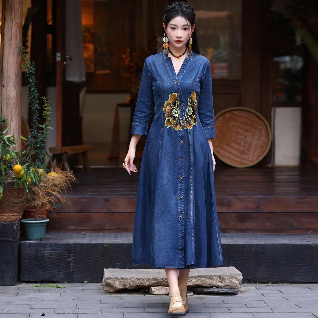 chinese dress ladies LAI MENG FIVE CATS Women's Cheongsam Chinese Style Dress Elegant Vintage  Hight Neck Maxi Dresses Blue at Amazon Women's Clothing store