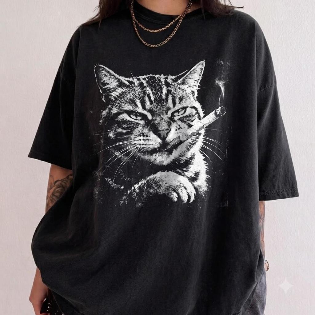 Smoking Cat Shirt, Vintage 90s Funny Cat Graphic Tee, Black Cat Lover T-Shirt, Retro Grunge Animal Shirt, Edgy Pet Gift Unisex Tee