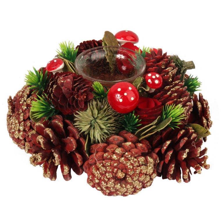 Candlestick-Wreath with Natural Cones and Wood 28 cm with Glass Candle Container
