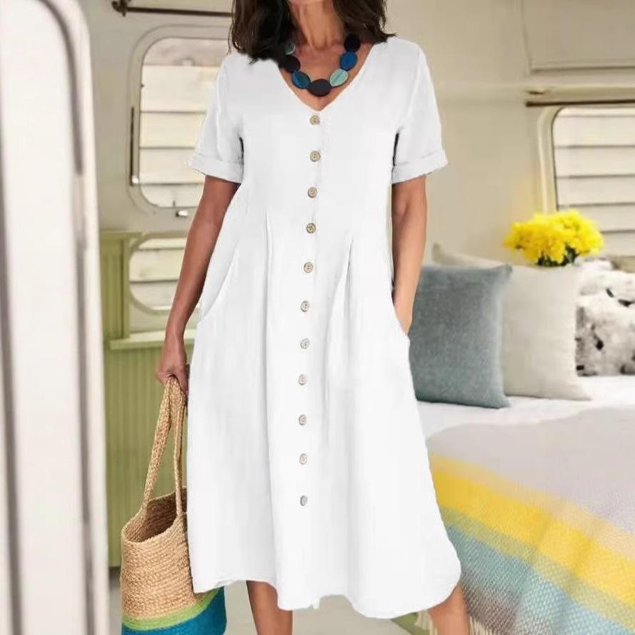 Women's V-neck Dress Short Sleeve Buttons High Waist Slim Loose Fashion Burgundy Casual Vacation Street Pocket Summer Midi Skirt