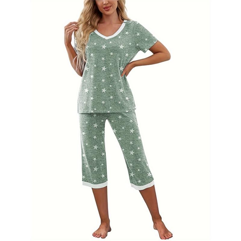 Damen Freizeit Pyjama Set mit Sternenprint - V-Ausschnitt Kurzarm Oberteil & Shorts mit Taschen, Polyester-Mischung, Perfekt für Frühling/Sommer, Pyjama mit entspannter Passform