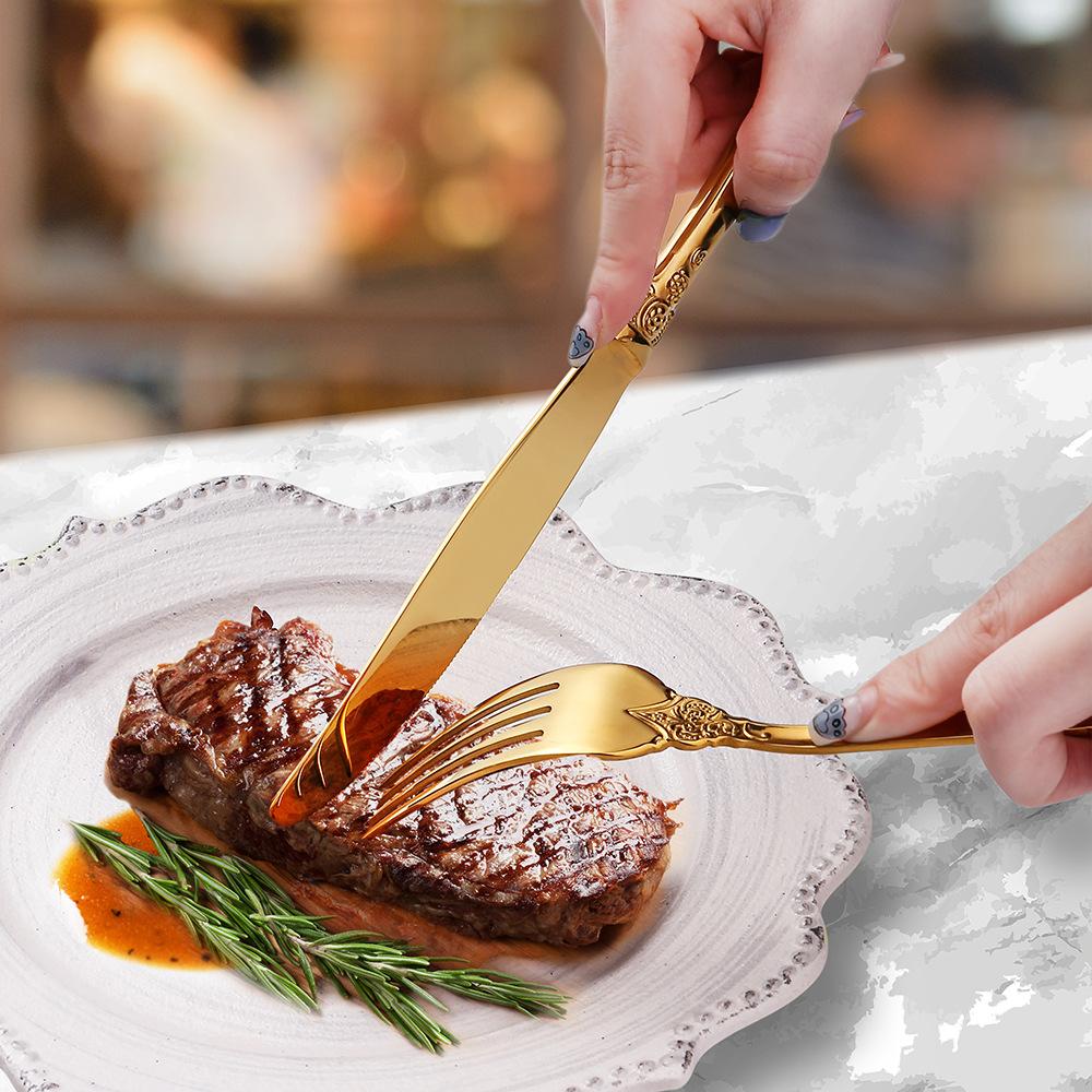 J Stainless Steel Retro Relief Tableware Western Knife Fork and Spoon Set European Steak Knife Fork Meal Spoon Dessert Spoon and Fork