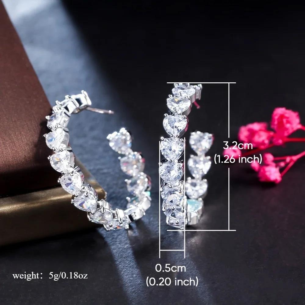 Valentine's Day Gift 1 Pair Sparkling Cubic Zirconia Heart Shape C-Shape Hoop Earrings Stylish Gift For Women And Girls