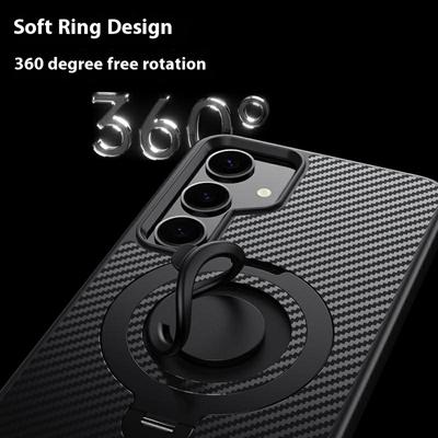 For Samsung Galaxy S24 Case Compatible with MagSafe Kickstand Carbon Fiber Texture PC+TPU Back Cover with Silicone Ring