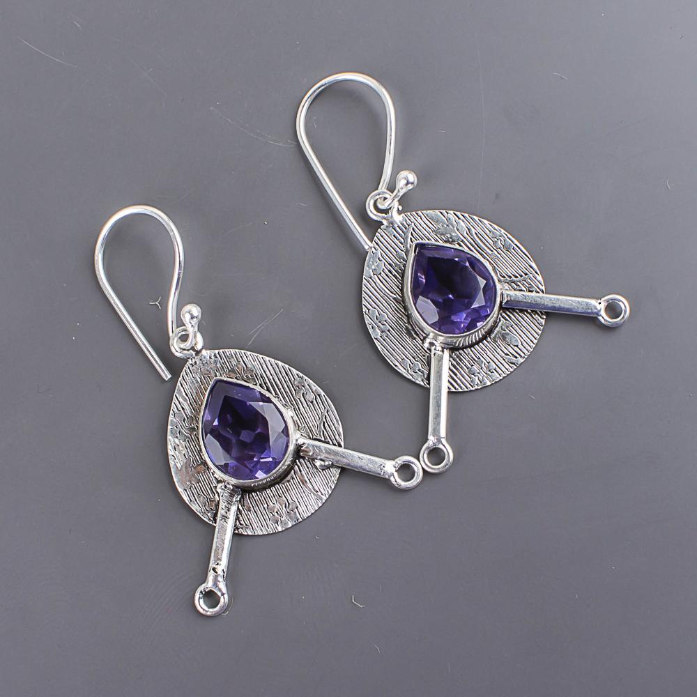 Iolite Gemstone Earrings, 925 Solid Sterling Silver Jewelry, Handmade Antique Earrings Jewelry Gift For Mother Earrings