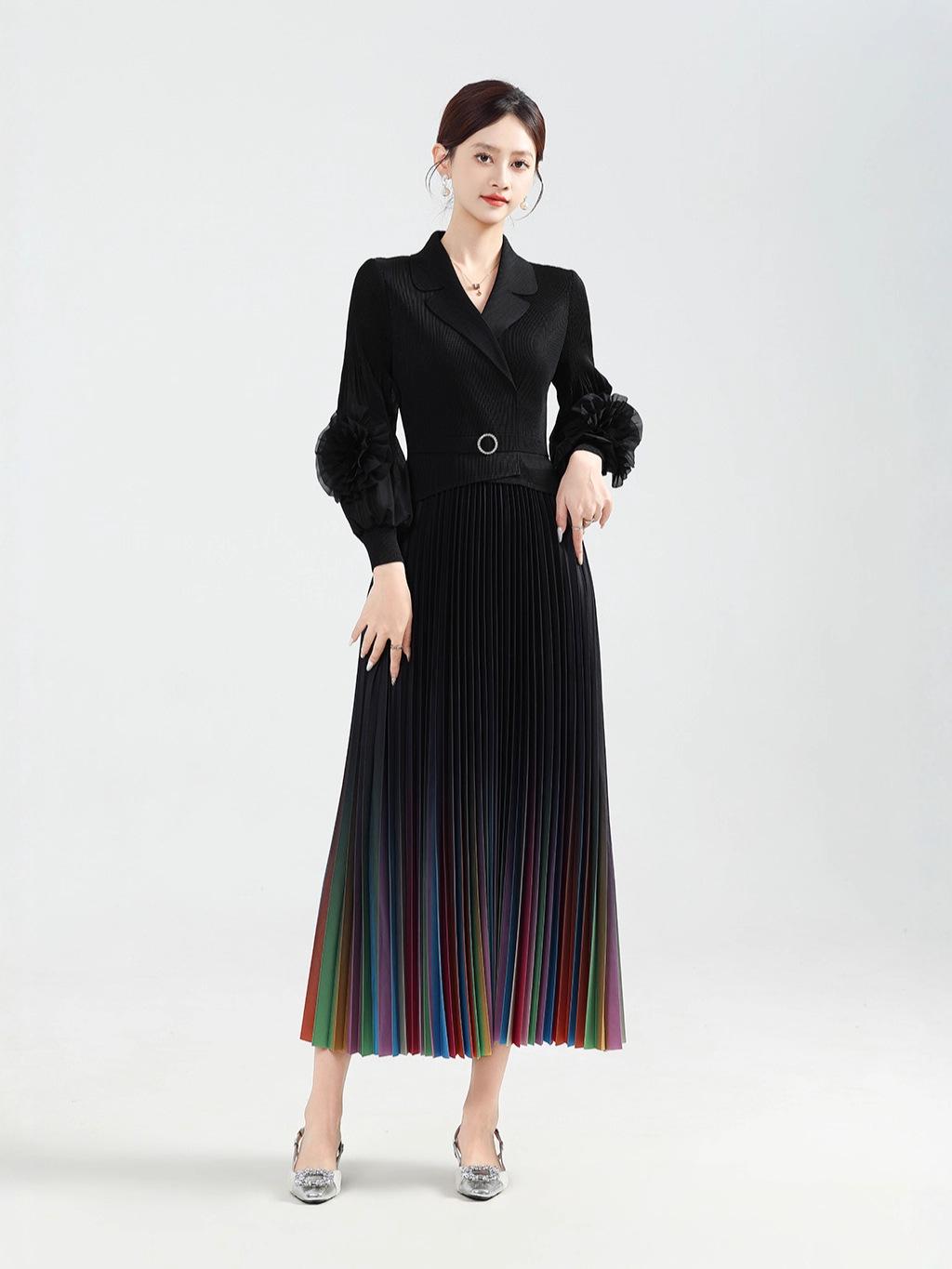Miyake Pleated European-African Plus Size Rainbow Elegant Slimming Long Dress One Size (40-100kg)