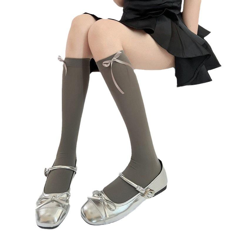 Lolita Socks, Bow Over Knee Socks, Calf Socks Gray Jk Stockings Women'S Ribbon Butterfly Long Tube