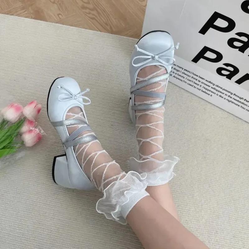 Fashion Women's Pink Ballet Mary Jane Shoes with Bow Knot Thick Heel Round Head Soft Shoes for Evening Wear