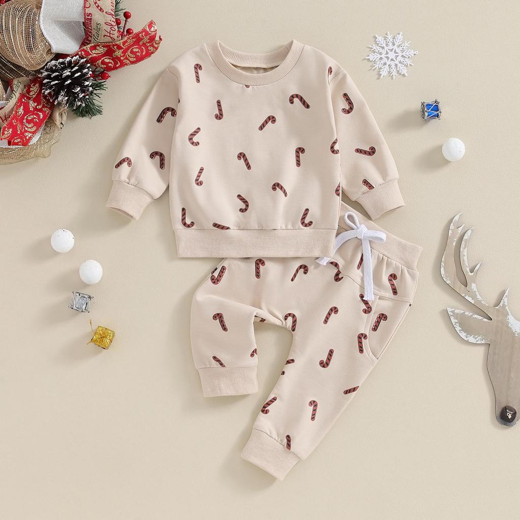Christmas Baby Boys Girls Clothes Set Candy Cane Print Sweatshirt+Pants 2pcs Suit Kids Casual Outfits
