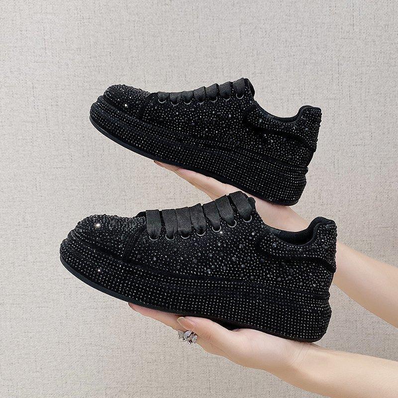 Small black shoes women's winter casual flat shoes women's rhinestone full diamond student board shoes women