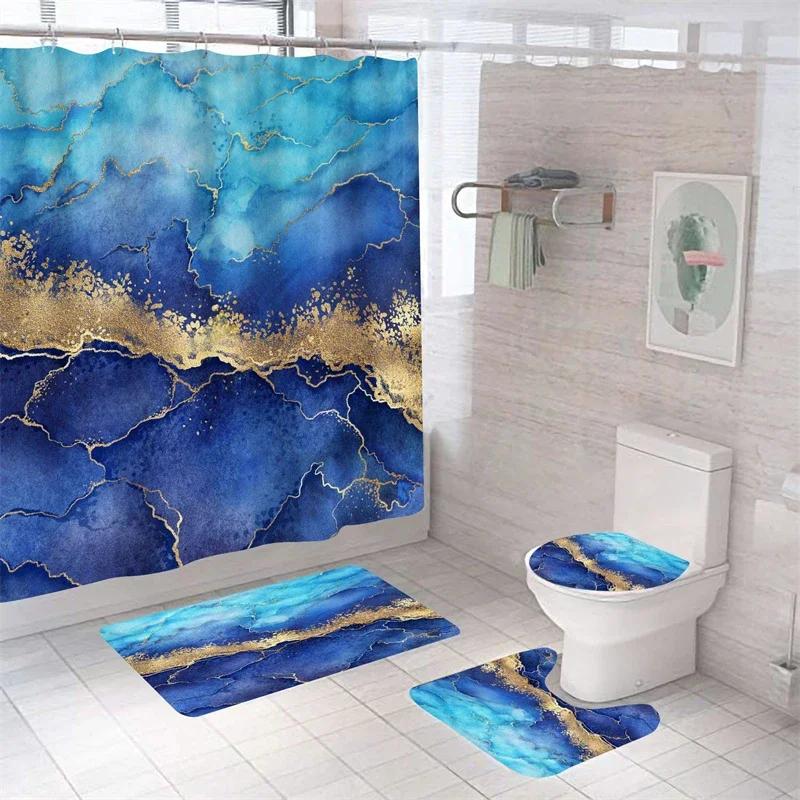 Luxury 3D Marble Shower Curtain Set Polyester Fabric Waterproof Batthroom Curtains Modern Style Printing Bath Toilet Cover Mat