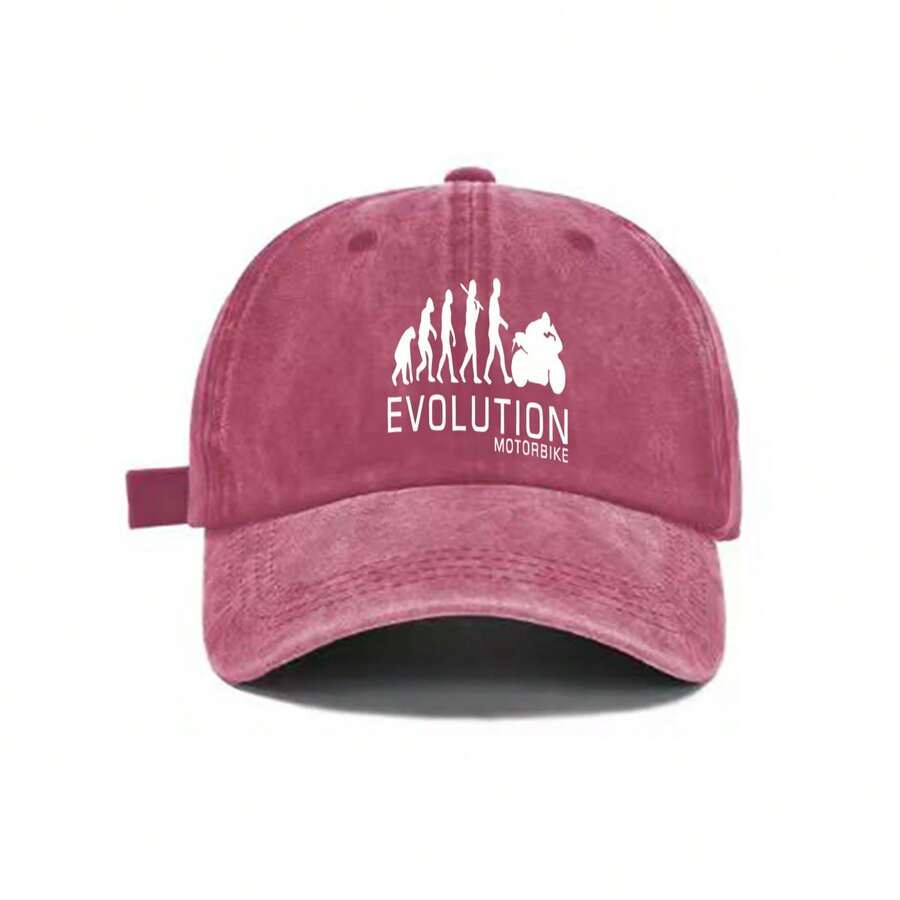 Washed Gray Baseball Cap With Evolution Motorbike Print Adjustable Snapback Hat Casual Streetwear Outdoor Sun Protection