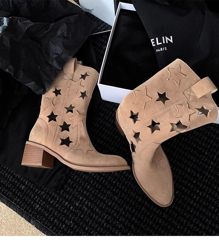 Hollow Star Western Cowboy Boots Women's 2025 Autumn Maillard Wind Boots V-mouth Skinny Thick-soled Medium Boots