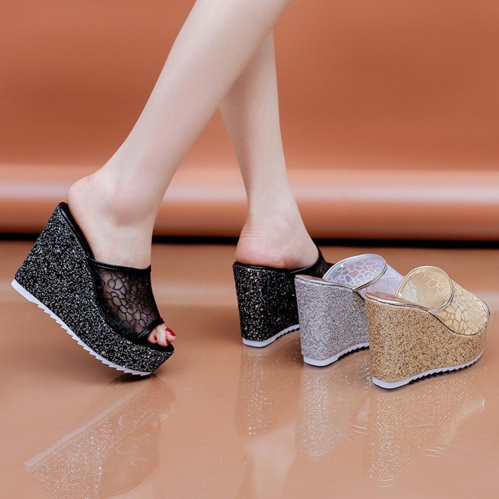 Fashion Bling Golden Women Slippers Summer Shoes Platform 4cm Outside Fitting-room 11cm High Heels Wedges Solid Mesh Female Sliver Shoes