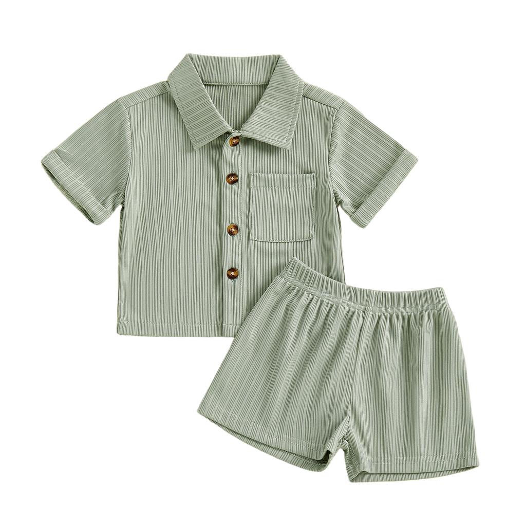 Casual Toddler Baby Boys 2 Piece Outfits Summer Short Sleeve Turn Down Collar Solid Color Tops and Shorts Set