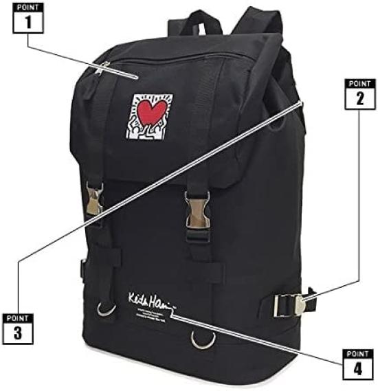 Backpack with embroidery in black and white (Keith Haring) for men and women, stylish, large capacity, suitable for outdoor activities (Human Heart)