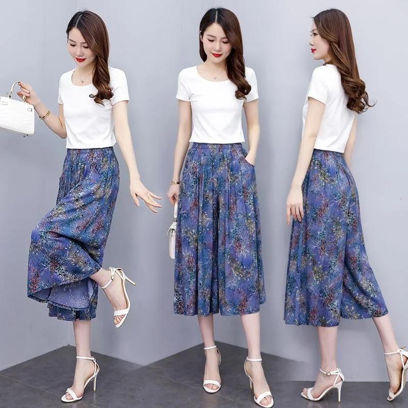 Summer Wide Leg Pants Women Ethnic Style Elastic High Waist Print Pants Female Casual Summer Calf-Length Pants Skirts
